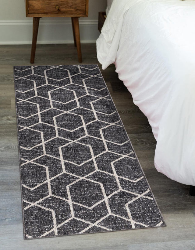Charcoal Gray 2' x 8' Eco Trellis Runner Area Rug 100% Recycled Space Dyed Polyester With Cotton Backing Geometric Pattern Eco-Friendly Carpet for Sale at Rug Engine