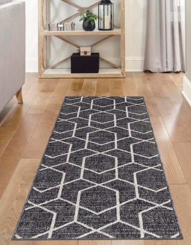Charcoal Gray 2' 7 x 12' Eco Trellis Runner Area Rug 100% Recycled Space Dyed Polyester With Cotton Backing Geometric Pattern Eco-Friendly Carpet for Sale at Rug Engine