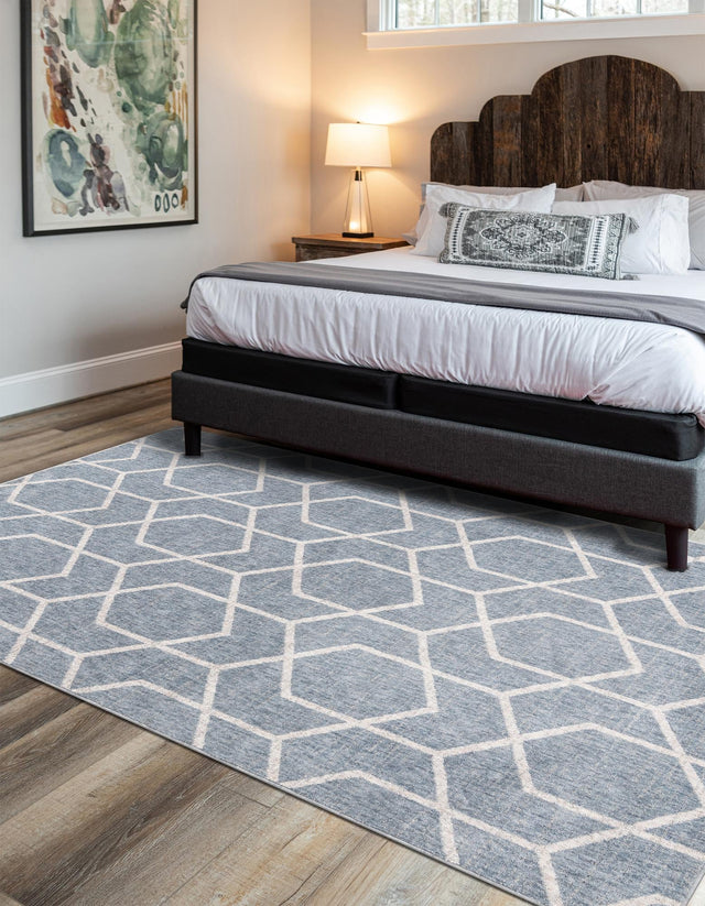 Harbor Blue 7' 10 x 10' Eco Trellis Rectangle Area Rug 100% Recycled Space Dyed Polyester With Cotton Backing Geometric Pattern Eco-Friendly Carpet for Sale at Rug Engine