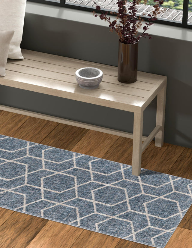 Harbor Blue 2' x 8' Eco Trellis Runner Area Rug 100% Recycled Space Dyed Polyester With Cotton Backing Geometric Pattern Eco-Friendly Carpet for Sale at Rug Engine