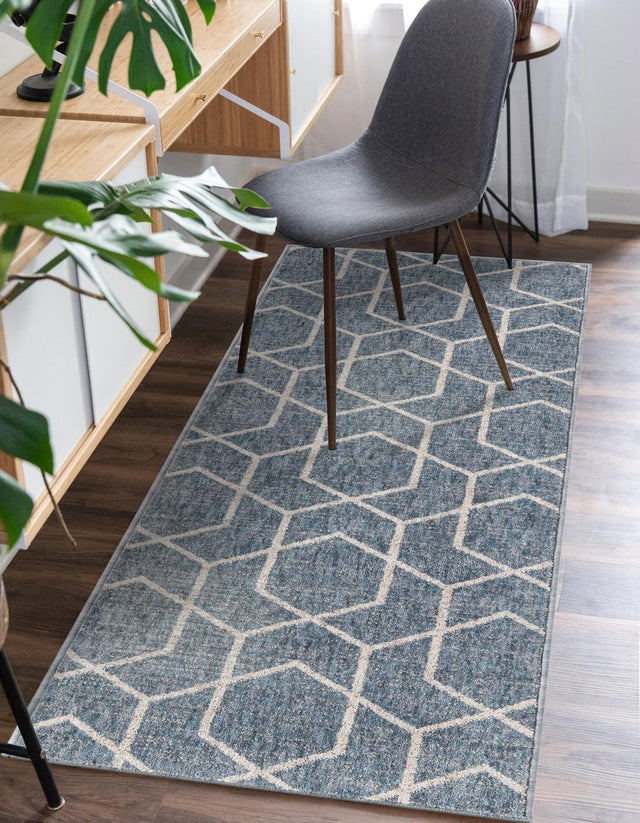 Harbor Blue 2' x 8' Eco Trellis Runner Area Rug 100% Recycled Space Dyed Polyester With Cotton Backing Geometric Pattern Eco-Friendly Carpet for Sale at Rug Engine