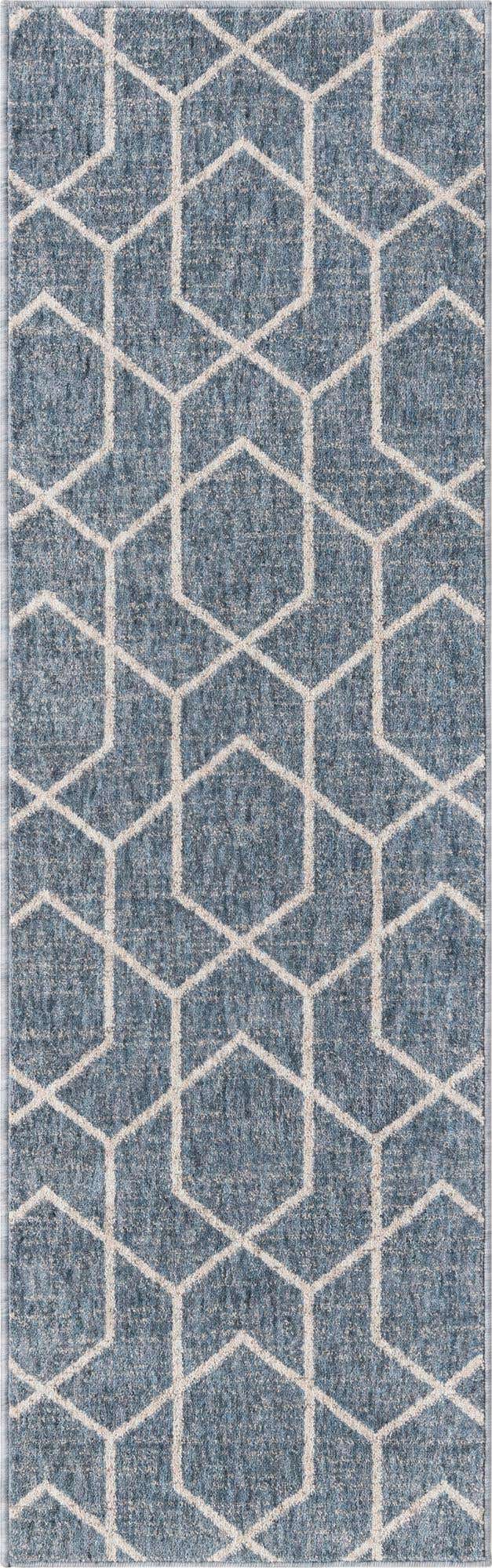 Harbor Blue 2' x 6' Eco Trellis Runner Area Rug 100% Recycled Space Dyed Polyester With Cotton Backing Geometric Pattern Eco-Friendly Carpet for Sale at Rug Engine