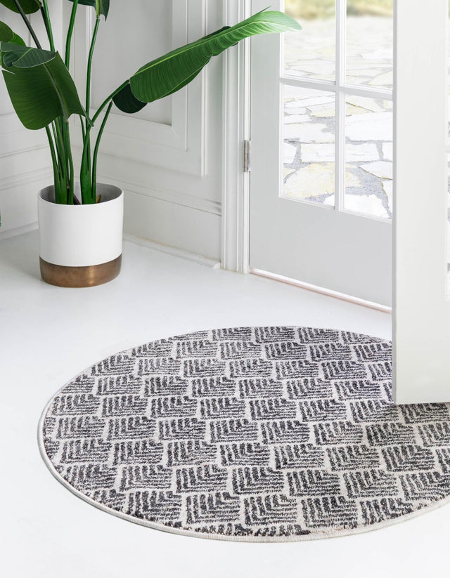 Charcoal Ivory 3' 3 x 3' 3 Eco Trellis Round Area Rug 100% Recycled Space Dyed Polyester With Cotton Backing Geometric Pattern Eco-Friendly Carpet for Sale at Rug Engine