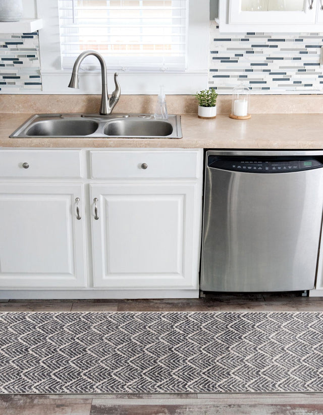 Charcoal Ivory 2' x 8' Eco Trellis Runner Area Rug 100% Recycled Space Dyed Polyester With Cotton Backing Geometric Pattern Eco-Friendly Carpet for Sale at Rug Engine