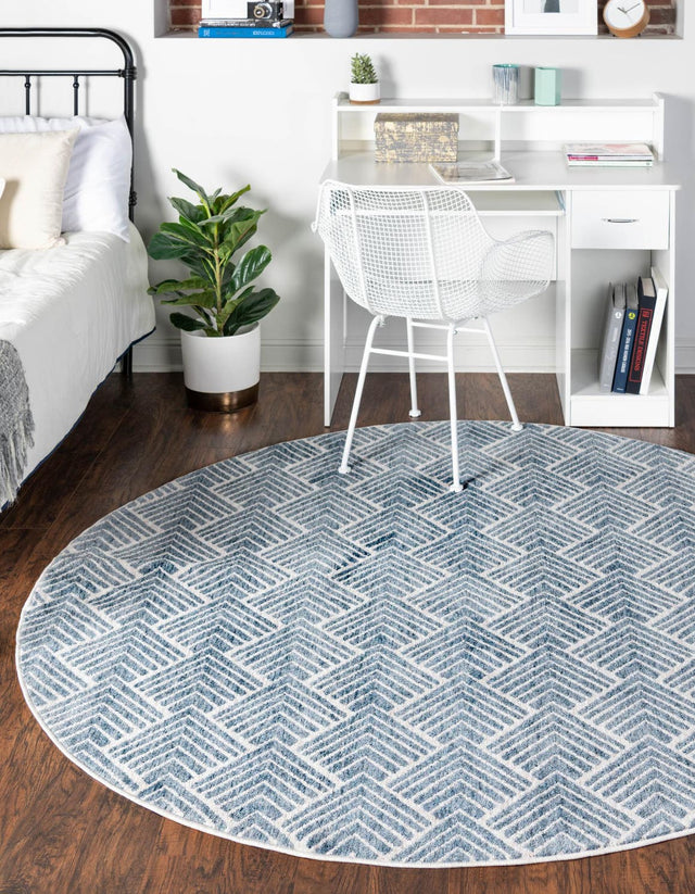 Harbor Blue 3' 3 x 3' 3 Eco Trellis Round Area Rug 100% Recycled Space Dyed Polyester With Cotton Backing Geometric Pattern Eco-Friendly Carpet for Sale at Rug Engine