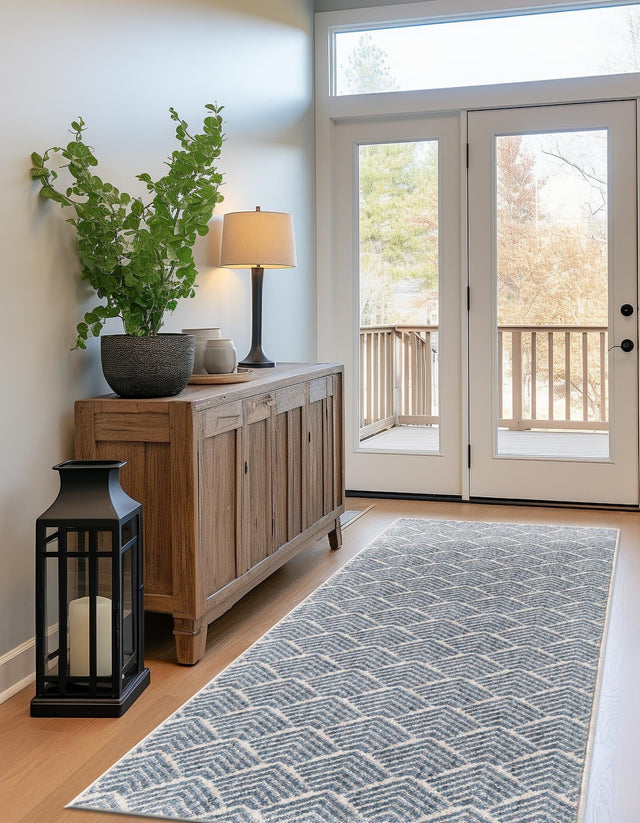 Harbor Blue 2' 7 x 12' Eco Trellis Runner Area Rug 100% Recycled Space Dyed Polyester With Cotton Backing Geometric Pattern Eco-Friendly Carpet for Sale at Rug Engine