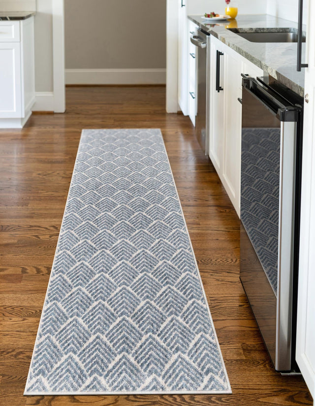 Harbor Blue 2' x 6' Eco Trellis Runner Area Rug 100% Recycled Space Dyed Polyester With Cotton Backing Geometric Pattern Eco-Friendly Carpet for Sale at Rug Engine