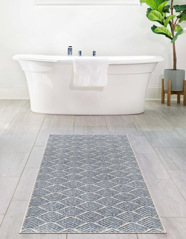 Harbor Blue 2' 7 x 12' Eco Trellis Runner Area Rug 100% Recycled Space Dyed Polyester With Cotton Backing Geometric Pattern Eco-Friendly Carpet for Sale at Rug Engine