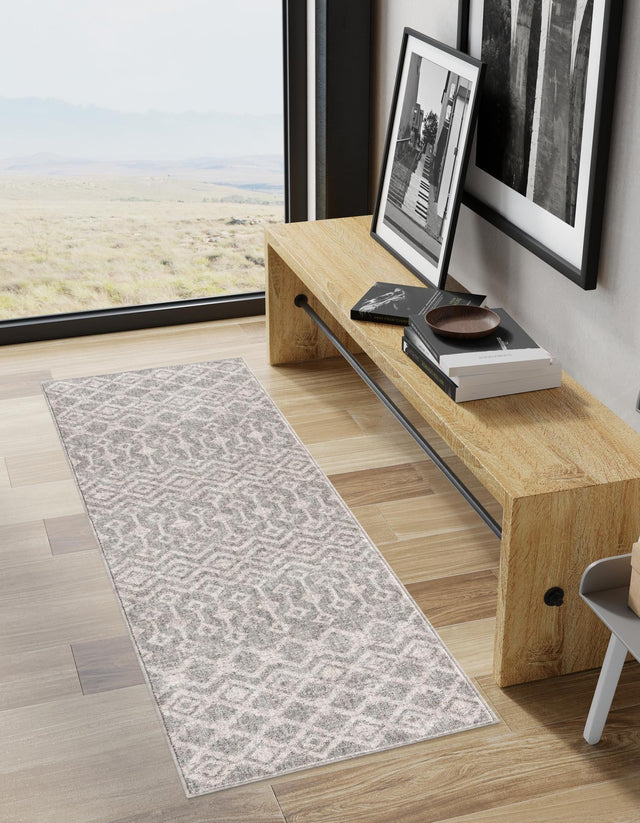 Gray 2' x 6' Eco Trellis Runner Area Rug 100% Recycled Space Dyed Polyester With Cotton Backing Geometric Pattern Eco-Friendly Carpet for Sale at Rug Engine
