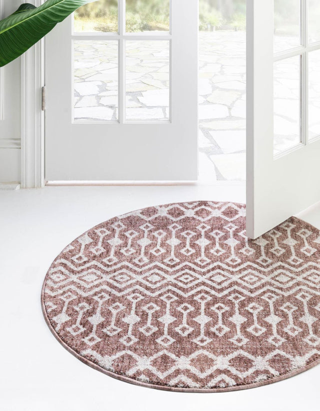 Dusty Rose 7' x 7' Eco Trellis Round Area Rug 100% Recycled Space Dyed Polyester With Cotton Backing Geometric Pattern Eco-Friendly Carpet for Sale at Rug Engine