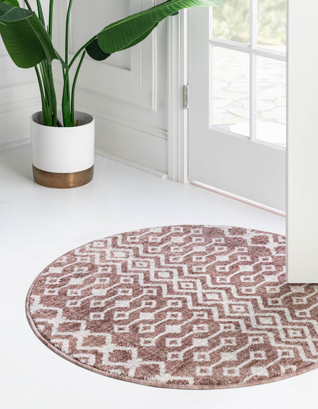 Dusty Rose 7' x 7' Eco Trellis Round Area Rug 100% Recycled Space Dyed Polyester With Cotton Backing Geometric Pattern Eco-Friendly Carpet for Sale at Rug Engine