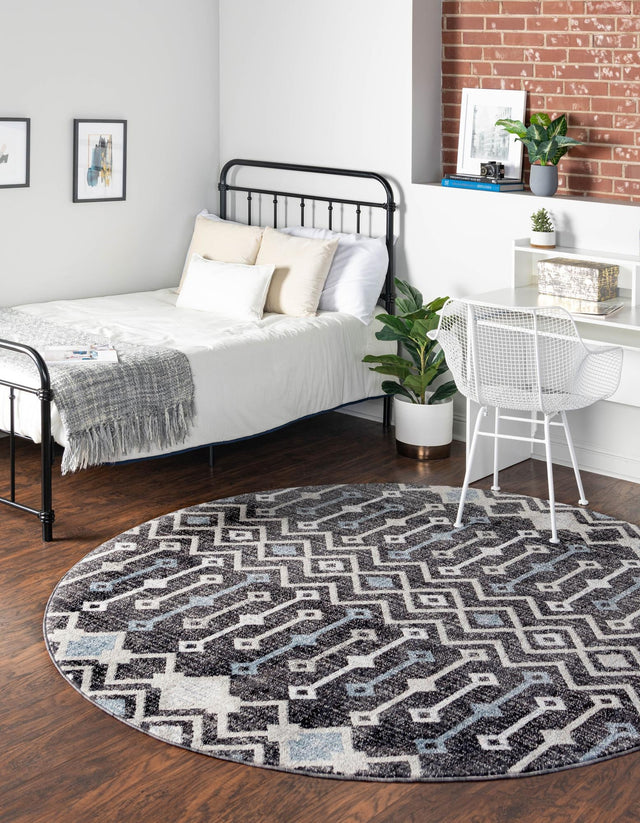 Charcoal Gray 7' x 7' Eco Trellis Round Area Rug 100% Recycled Space Dyed Polyester With Cotton Backing Geometric Pattern Eco-Friendly Carpet for Sale at Rug Engine