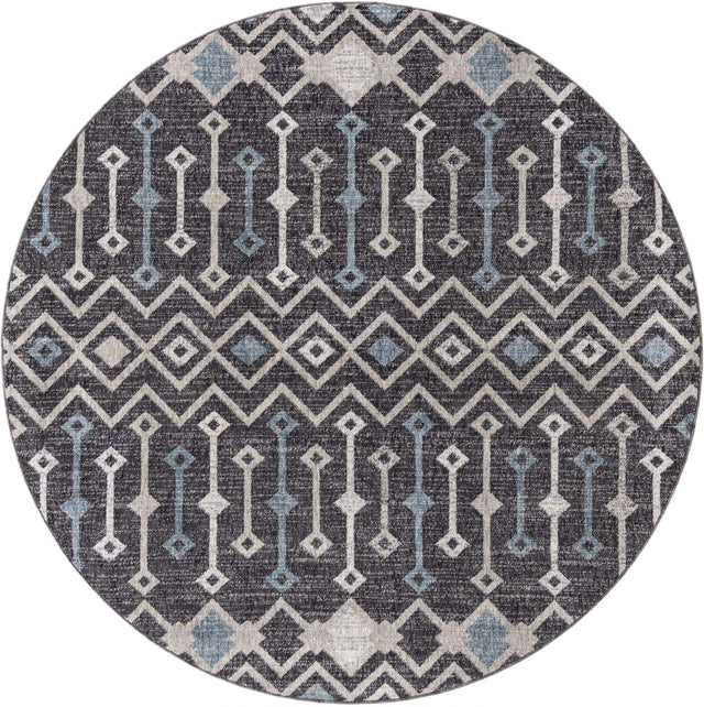 Charcoal Gray 7' x 7' Eco Trellis Round Area Rug 100% Recycled Space Dyed Polyester With Cotton Backing Geometric Pattern Eco-Friendly Carpet for Sale at Rug Engine