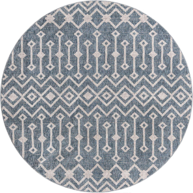 Harbor Blue 7' x 7' Eco Trellis Round Area Rug 100% Recycled Space Dyed Polyester With Cotton Backing Geometric Pattern Eco-Friendly Carpet for Sale at Rug Engine