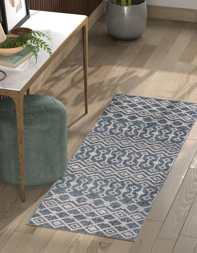 Harbor Blue 2' x 8' Eco Trellis Runner Area Rug 100% Recycled Space Dyed Polyester With Cotton Backing Geometric Pattern Eco-Friendly Carpet for Sale at Rug Engine