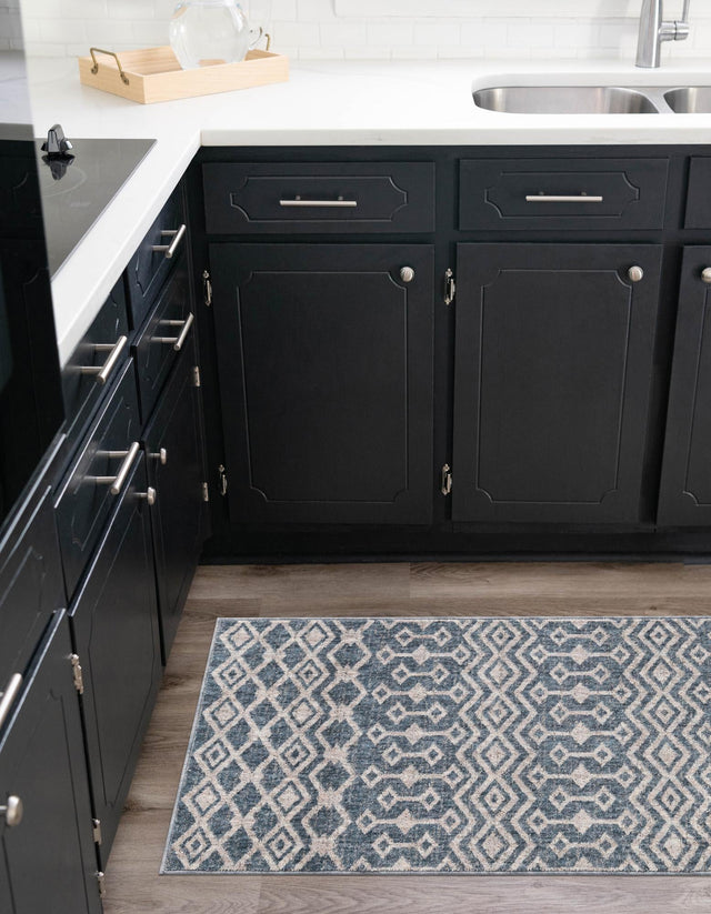 Harbor Blue 2' 7 x 12' Eco Trellis Runner Area Rug 100% Recycled Space Dyed Polyester With Cotton Backing Geometric Pattern Eco-Friendly Carpet for Sale at Rug Engine