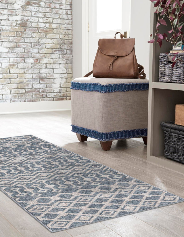 Harbor Blue 2' 7 x 12' Eco Trellis Runner Area Rug 100% Recycled Space Dyed Polyester With Cotton Backing Geometric Pattern Eco-Friendly Carpet for Sale at Rug Engine