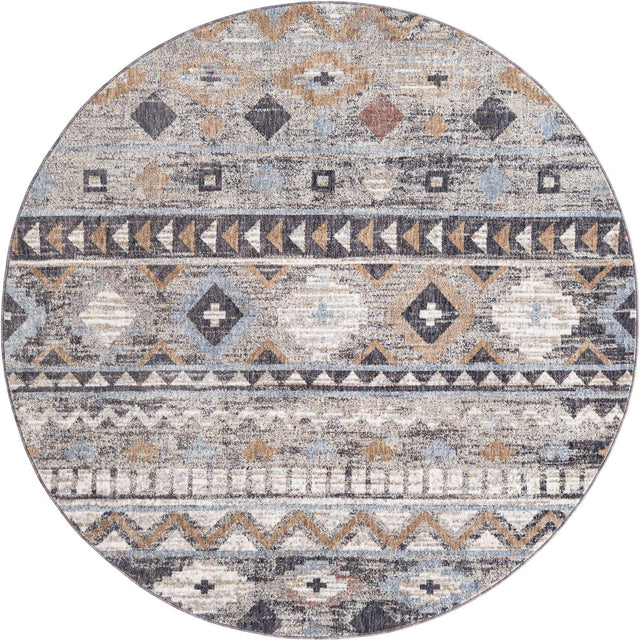 Khaki Gray 7' x 7' Eco Southwestern Round Area Rug 100% Recycled Space Dyed Polyester With Cotton Backing Carpet for Natural Home Decor for Sale at Rug Engine