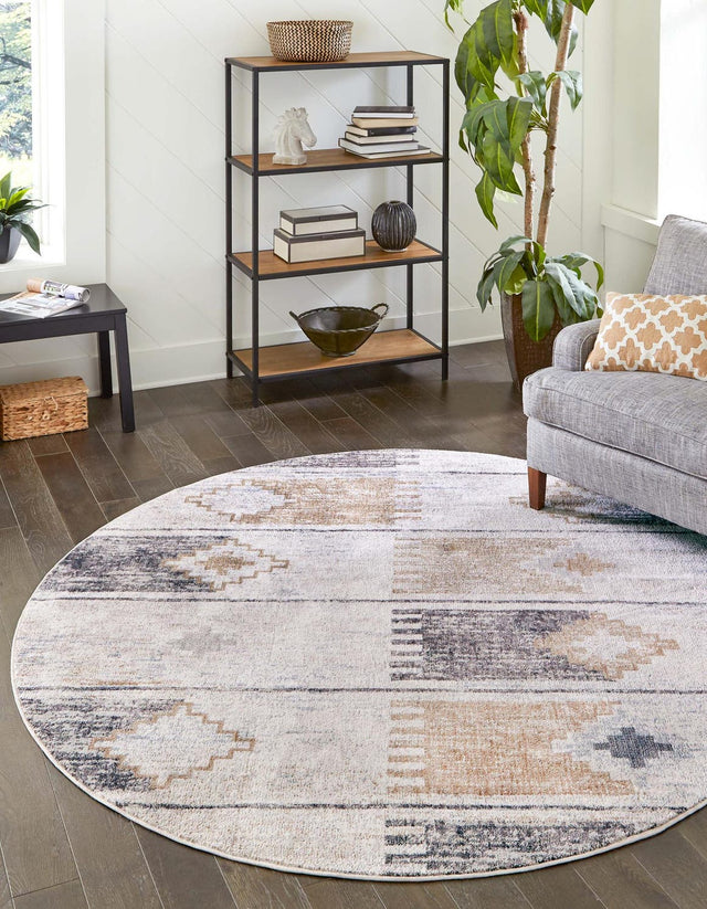 Ivory 7' x 7' Eco Southwestern Round Area Rug 100% Recycled Space Dyed Polyester With Cotton Backing Carpet for Natural Home Decor for Sale at Rug Engine