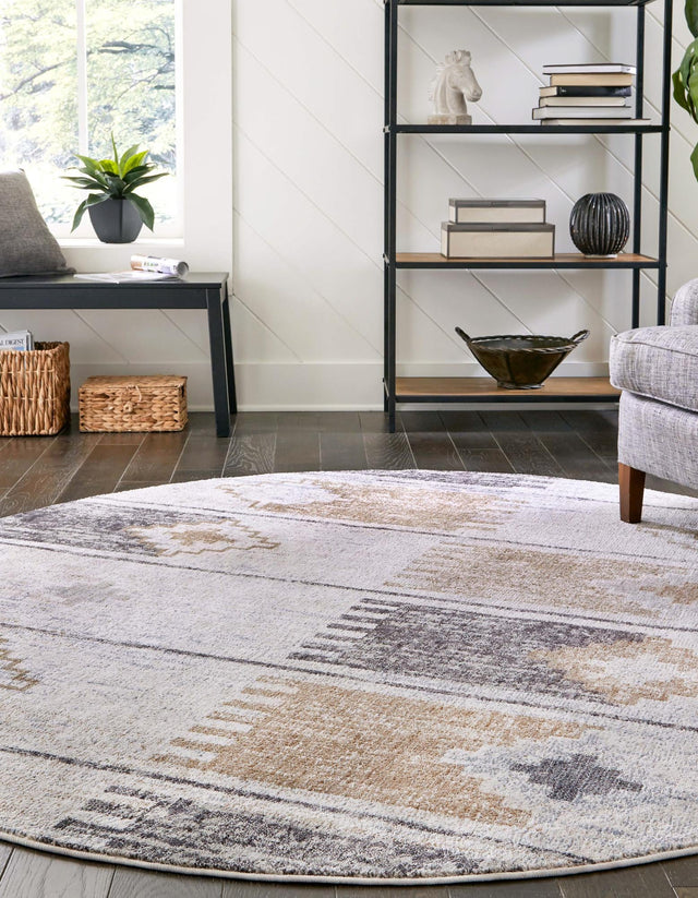 Ivory 7' x 7' Eco Southwestern Round Area Rug 100% Recycled Space Dyed Polyester With Cotton Backing Carpet for Natural Home Decor for Sale at Rug Engine