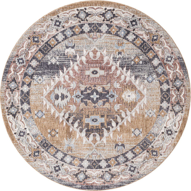 Khaki Gray 7' x 7' Eco Southwestern Round Area Rug 100% Recycled Space Dyed Polyester With Cotton Backing Carpet for Natural Home Decor for Sale at Rug Engine