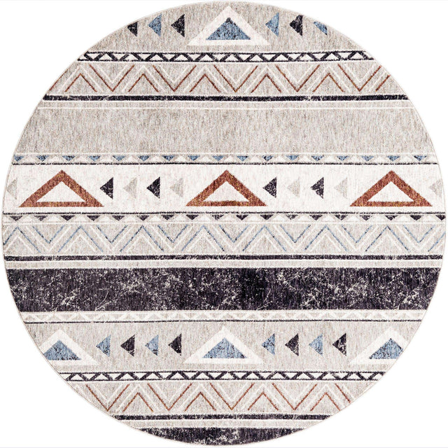 Gray 7' x 7' Eco Southwestern Round Area Rug 100% Recycled Space Dyed Polyester With Cotton Backing Carpet for Natural Home Decor for Sale at Rug Engine