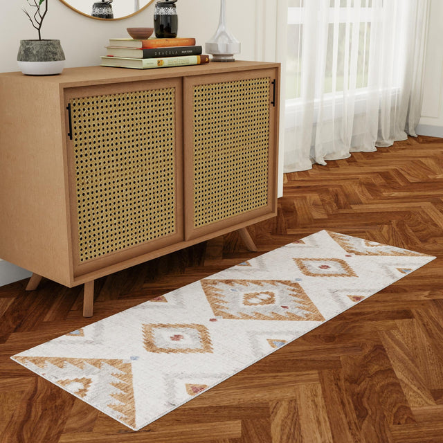 Ivory 2' x 8' Eco Southwestern Runner Area Rug 100% Recycled Space Dyed Polyester With Cotton Backing Carpet for Natural Home Decor for Sale at Rug Engine