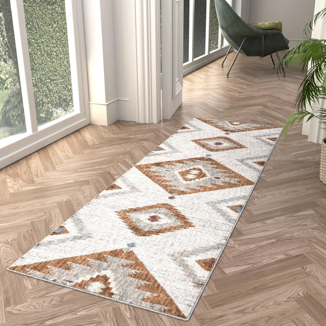 Ivory 2' x 6' Eco Southwestern Runner Area Rug 100% Recycled Space Dyed Polyester With Cotton Backing Carpet for Natural Home Decor for Sale at Rug Engine