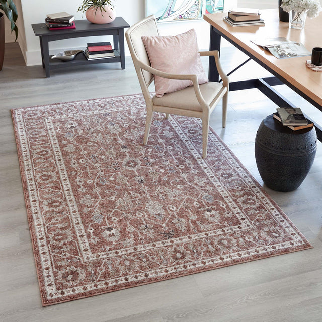 Dusty Rose 4' x 6' Eco Traditional Rectangle Area Rug 100% Recycled Space Dyed Polyester With Cotton Backing Classic Pattern Carpet for Living, Dining, Office Space for Sale at Rug Engine
