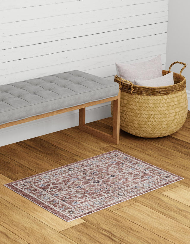 Dusty Rose 5' 3 x 8' Eco Traditional Rectangle Area Rug 100% Recycled Space Dyed Polyester With Cotton Backing Classic Pattern Carpet for Living, Dining, Office Space for Sale at Rug Engine