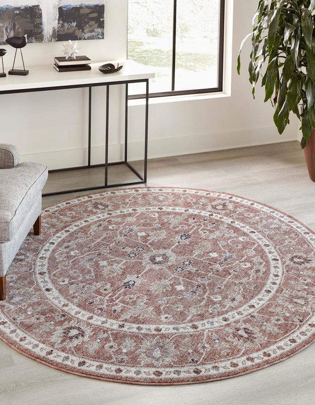 Dusty Rose 7' x 7' Eco Traditional Round Area Rug 100% Recycled Space Dyed Polyester With Cotton Backing Classic Pattern Carpet for Living, Dining, Office Space for Sale at Rug Engine