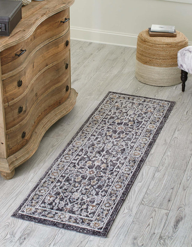 Charcoal Gray 2' 7 x 12' Eco Traditional Runner Area Rug 100% Recycled Space Dyed Polyester With Cotton Backing Classic Pattern Carpet for Living, Dining, Office Space for Sale at Rug Engine