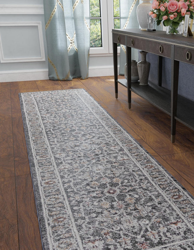 Charcoal Gray 2' x 6' Eco Traditional Runner Area Rug 100% Recycled Space Dyed Polyester With Cotton Backing Classic Pattern Carpet for Living, Dining, Office Space for Sale at Rug Engine