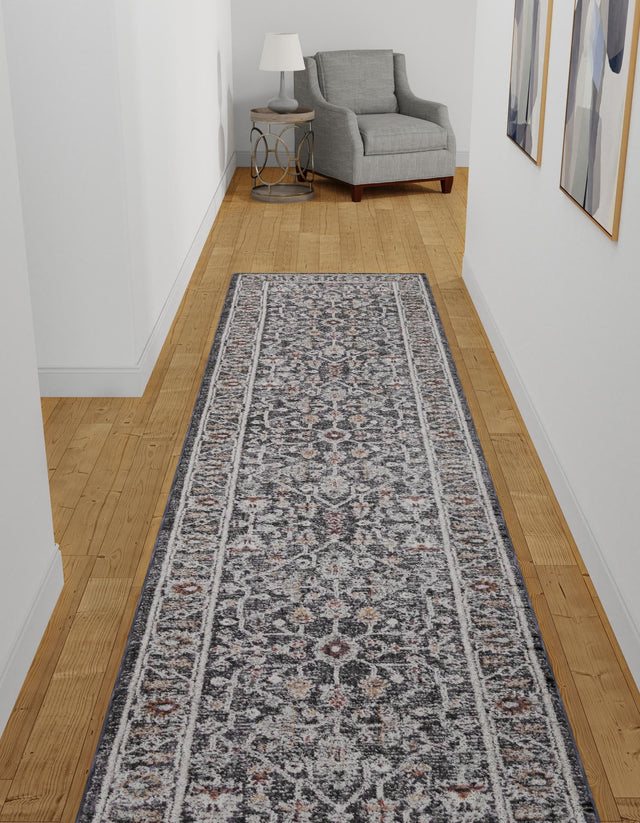 Charcoal Gray 2' x 6' Eco Traditional Runner Area Rug 100% Recycled Space Dyed Polyester With Cotton Backing Classic Pattern Carpet for Living, Dining, Office Space for Sale at Rug Engine