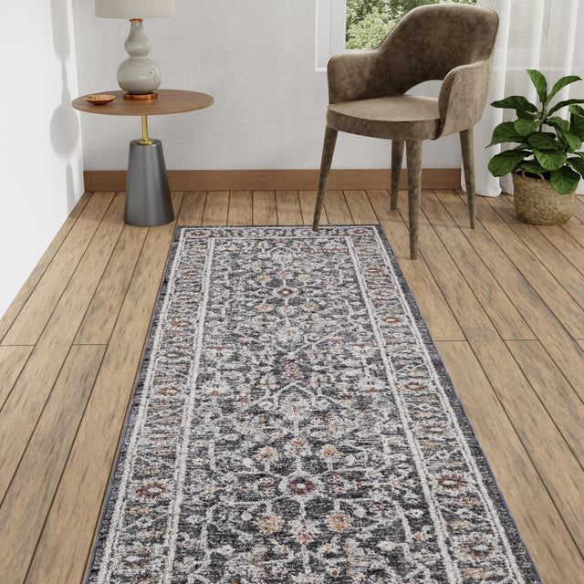 Charcoal Gray 2' x 6' Eco Traditional Runner Area Rug 100% Recycled Space Dyed Polyester With Cotton Backing Classic Pattern Carpet for Living, Dining, Office Space for Sale at Rug Engine