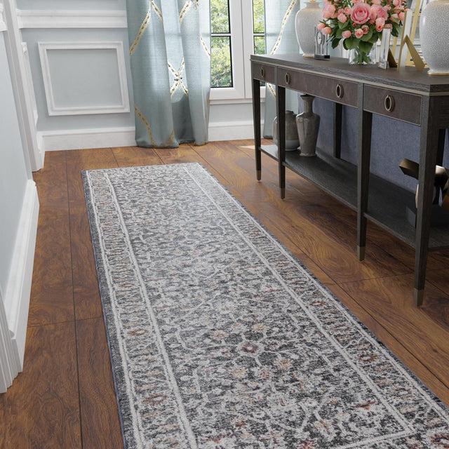 Charcoal Gray 2' x 6' Eco Traditional Runner Area Rug 100% Recycled Space Dyed Polyester With Cotton Backing Classic Pattern Carpet for Living, Dining, Office Space for Sale at Rug Engine