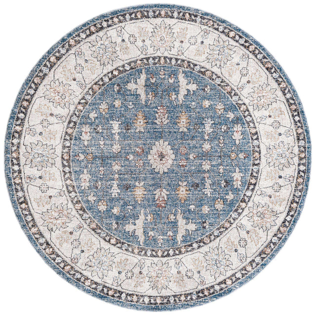 Harbor Blue 7' x 7' Eco Traditional Round Area Rug 100% Recycled Space Dyed Polyester With Cotton Backing Classic Pattern Carpet for Living, Dining, Office Space for Sale at Rug Engine