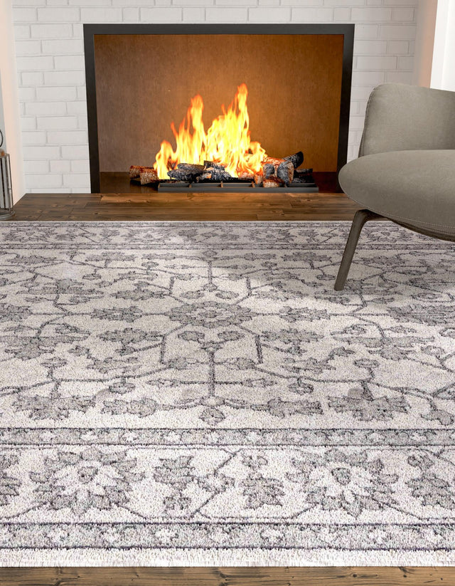 Ivory 7' 10 x 10' Eco Traditional Rectangle Area Rug 100% Recycled Space Dyed Polyester With Cotton Backing Classic Pattern Carpet for Living, Dining, Office Space for Sale at Rug Engine