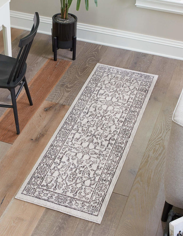 Ivory 2' x 8' Eco Traditional Runner Area Rug 100% Recycled Space Dyed Polyester With Cotton Backing Classic Pattern Carpet for Living, Dining, Office Space for Sale at Rug Engine