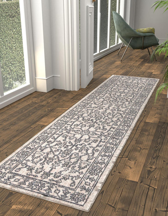 Ivory 2' x 8' Eco Traditional Runner Area Rug 100% Recycled Space Dyed Polyester With Cotton Backing Classic Pattern Carpet for Living, Dining, Office Space for Sale at Rug Engine