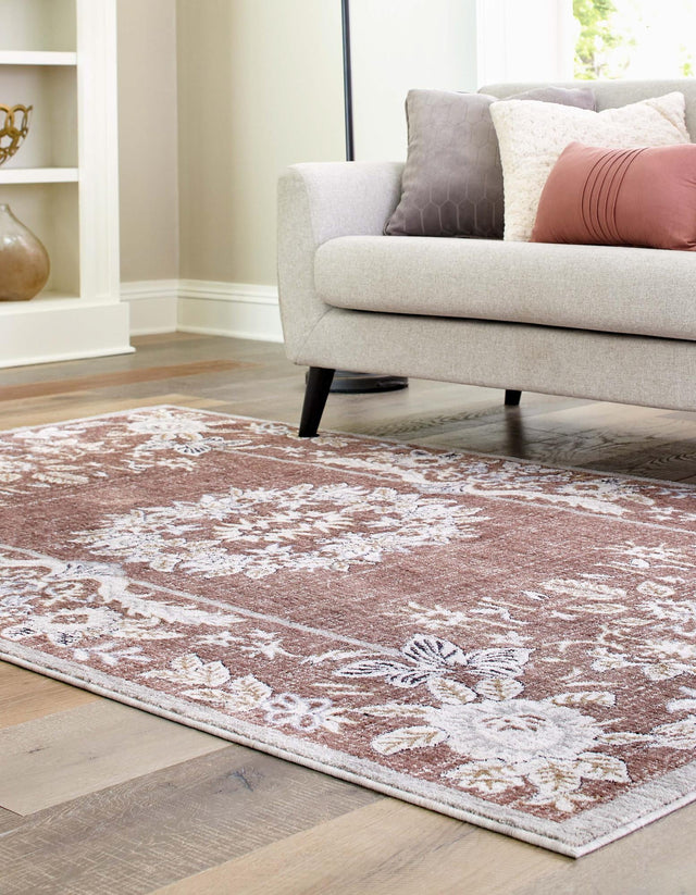 Dusty Rose 5' 3 x 8' Eco Traditional Rectangle Area Rug 100% Recycled Space Dyed Polyester With Cotton Backing Classic Pattern Carpet for Living, Dining, Office Space for Sale at Rug Engine