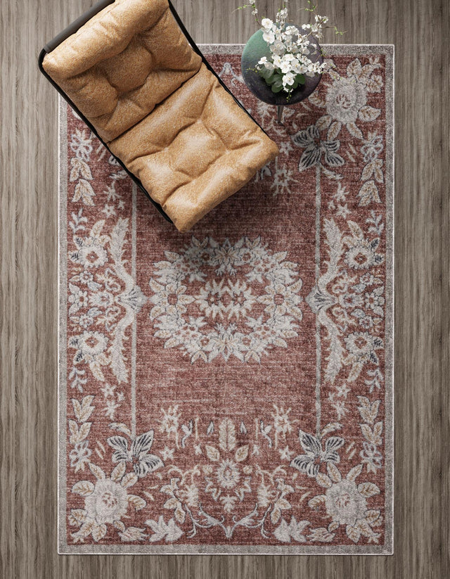 Dusty Rose 5' 3 x 8' Eco Traditional Rectangle Area Rug 100% Recycled Space Dyed Polyester With Cotton Backing Classic Pattern Carpet for Living, Dining, Office Space for Sale at Rug Engine