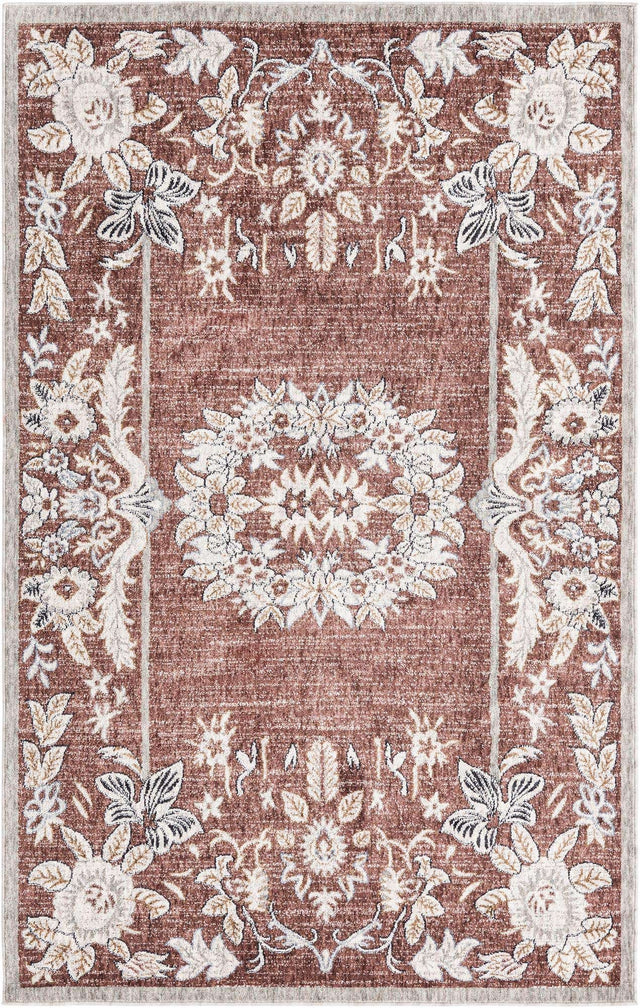Dusty Rose 5' 3 x 8' Eco Traditional Rectangle Area Rug 100% Recycled Space Dyed Polyester With Cotton Backing Classic Pattern Carpet for Living, Dining, Office Space for Sale at Rug Engine