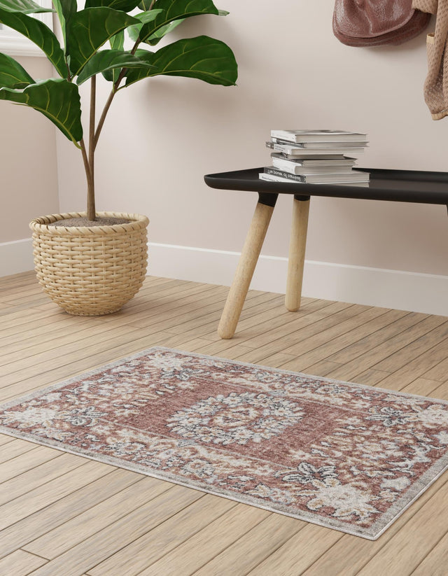 Dusty Rose 5' 3 x 8' Eco Traditional Rectangle Area Rug 100% Recycled Space Dyed Polyester With Cotton Backing Classic Pattern Carpet for Living, Dining, Office Space for Sale at Rug Engine
