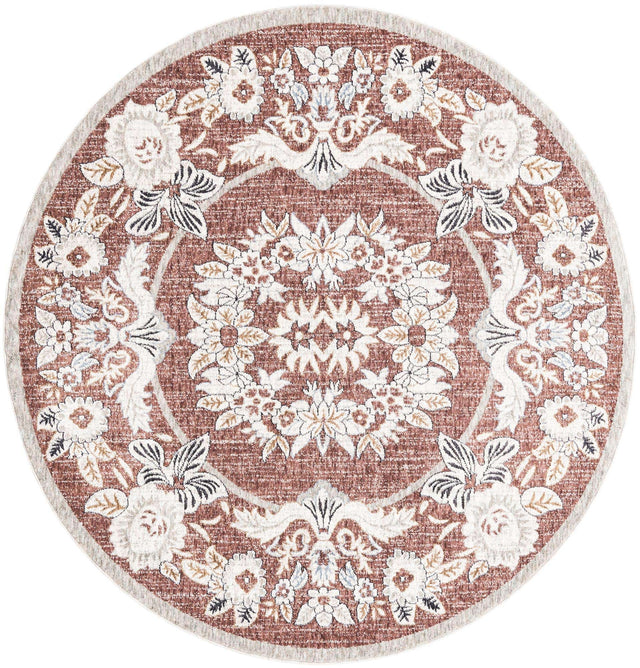 Dusty Rose 7' x 7' Eco Traditional Round Area Rug 100% Recycled Space Dyed Polyester With Cotton Backing Classic Pattern Carpet for Living, Dining, Office Space for Sale at Rug Engine