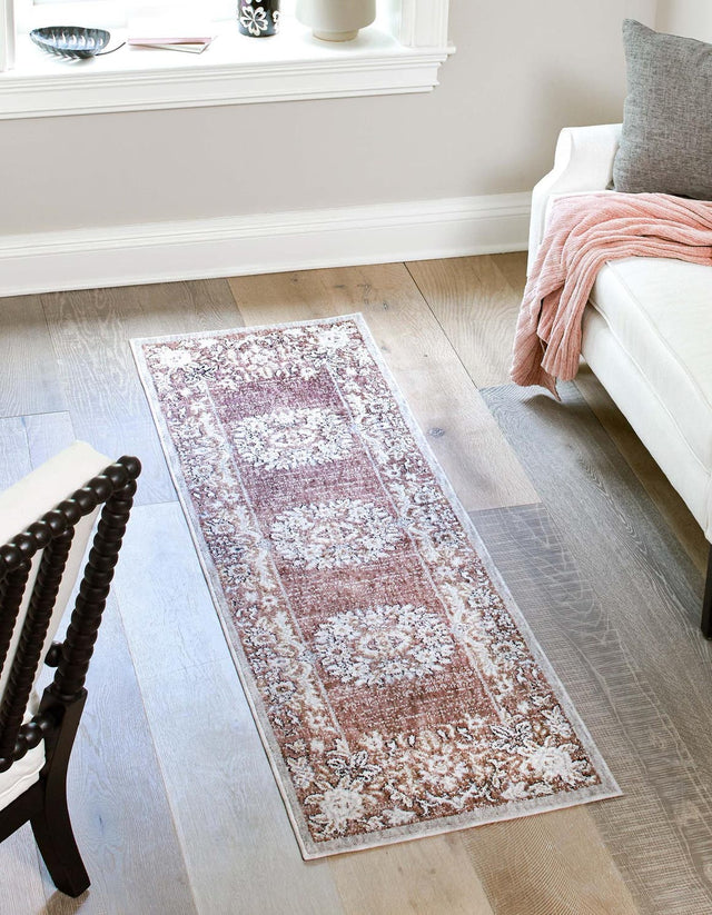 Dusty Rose 2' 7 x 12' Eco Traditional Runner Area Rug 100% Recycled Space Dyed Polyester With Cotton Backing Classic Pattern Carpet for Living, Dining, Office Space for Sale at Rug Engine