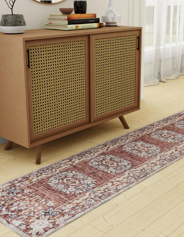Dusty Rose 2' 7 x 12' Eco Traditional Runner Area Rug 100% Recycled Space Dyed Polyester With Cotton Backing Classic Pattern Carpet for Living, Dining, Office Space for Sale at Rug Engine