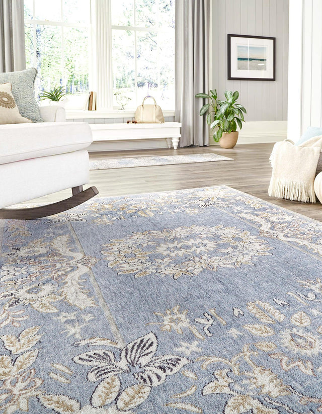 Harbor Blue 10' x 13' Eco Traditional Rectangle Area Rug 100% Recycled Space Dyed Polyester With Cotton Backing Classic Pattern Carpet for Living, Dining, Office Space for Sale at Rug Engine