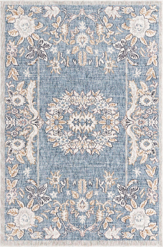 Harbor Blue 4' x 6' Eco Traditional Rectangle Area Rug 100% Recycled Space Dyed Polyester With Cotton Backing Classic Pattern Carpet for Living, Dining, Office Space for Sale at Rug Engine