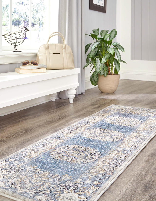 Harbor Blue 2' x 8' Eco Traditional Runner Area Rug 100% Recycled Space Dyed Polyester With Cotton Backing Classic Pattern Carpet for Living, Dining, Office Space for Sale at Rug Engine